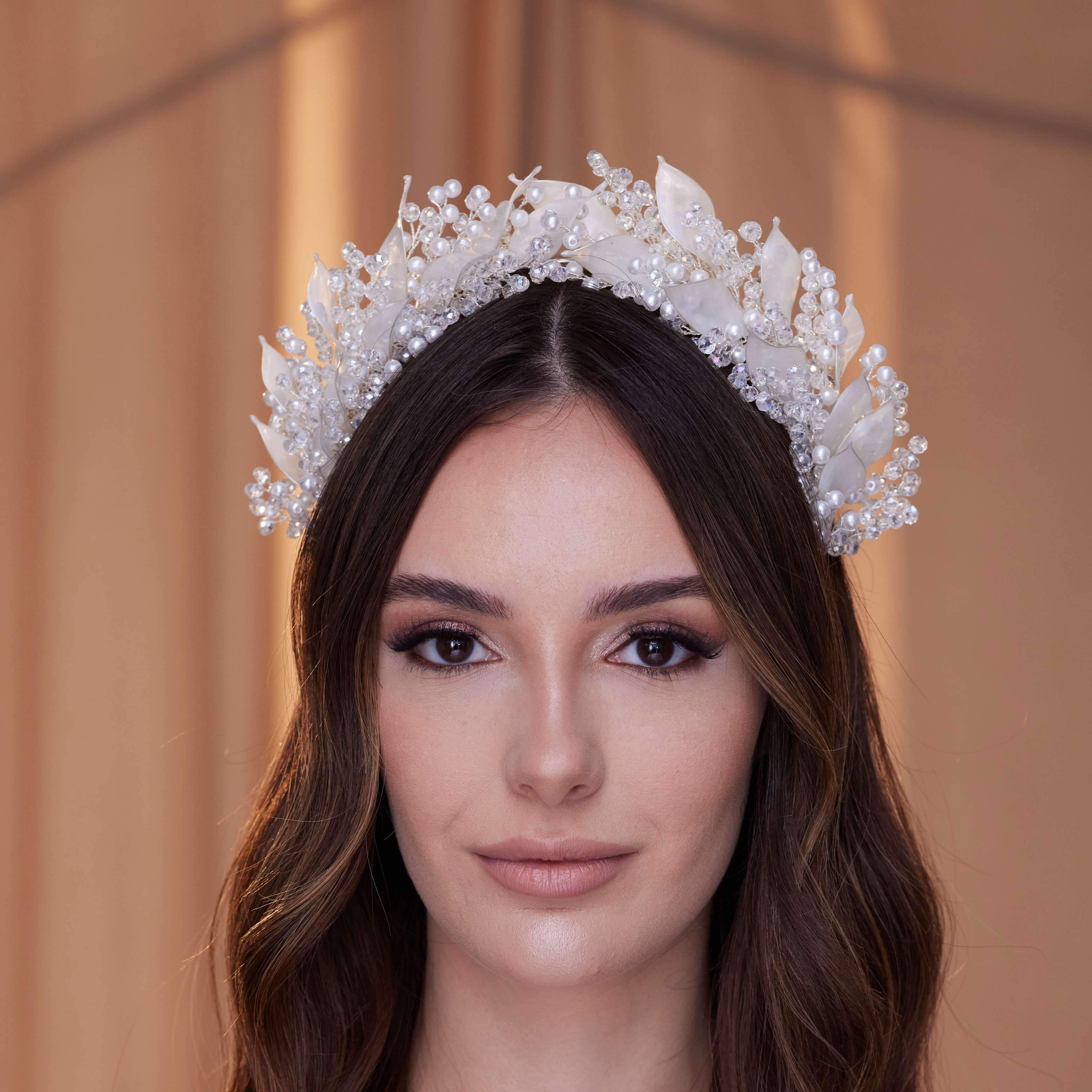 Crystal Pearl  Hair Band with Resin Leaves