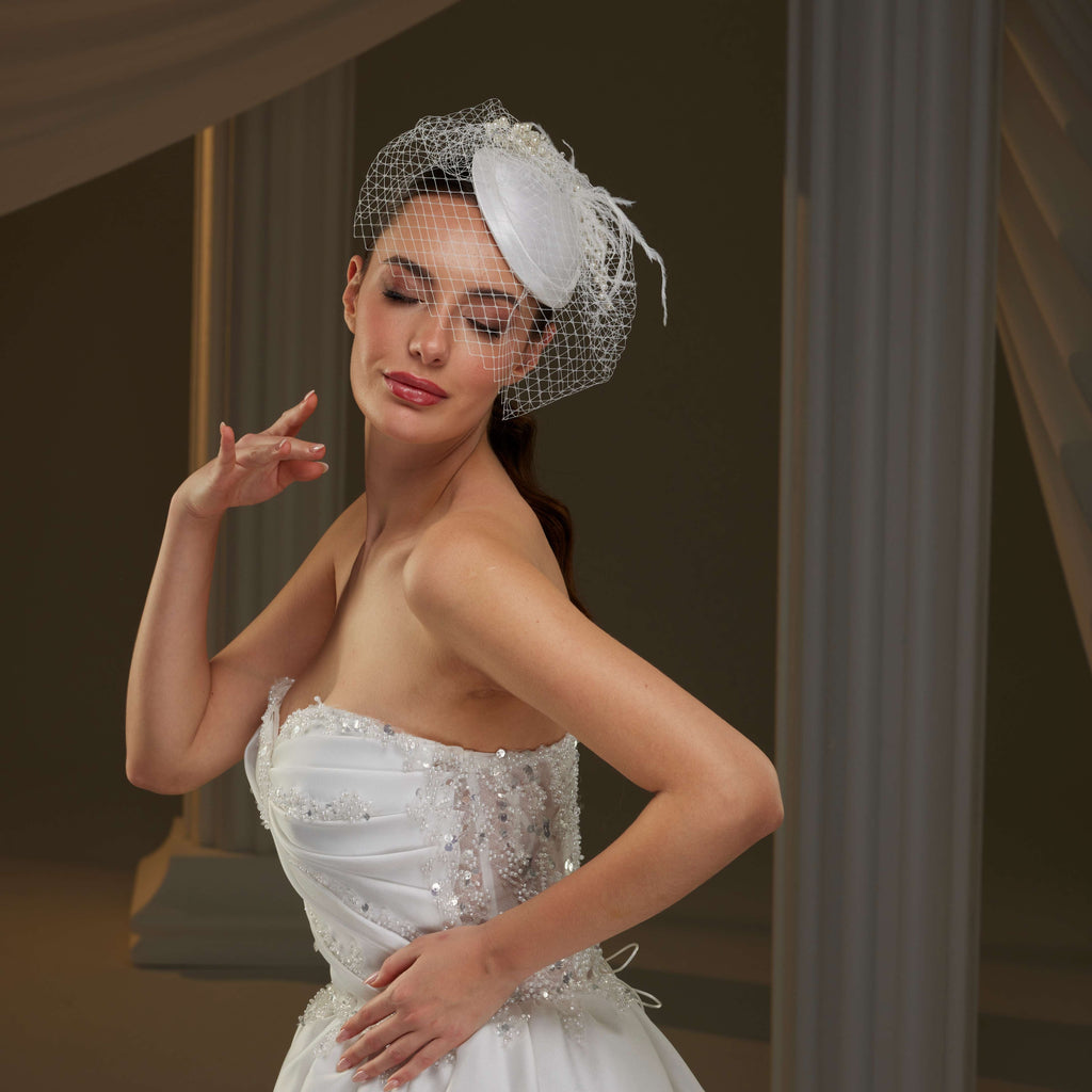 Elegant  Bridal Fascinator with Birdcage Veil, Pearls & Feathers