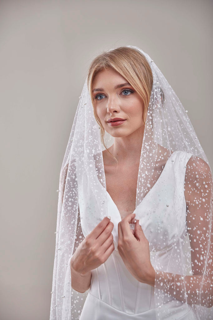 Bridal Veil, Veil with Pearls, One Layer Wedding Veil, Veil with Rhinestone-D180