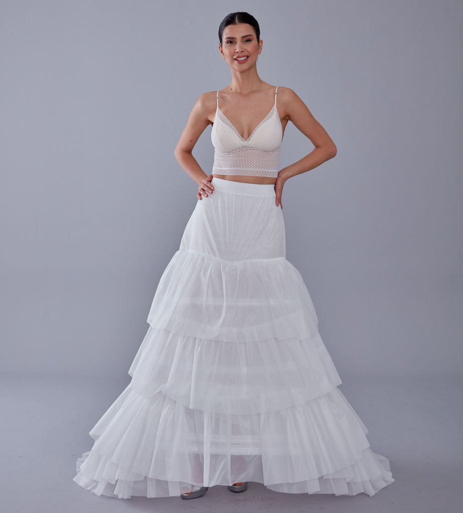 A line petticoat with train, Tiered Tulle Underskirt for Bridal Dress, Chapel Train Slip, White Crinoline 4 Hoop