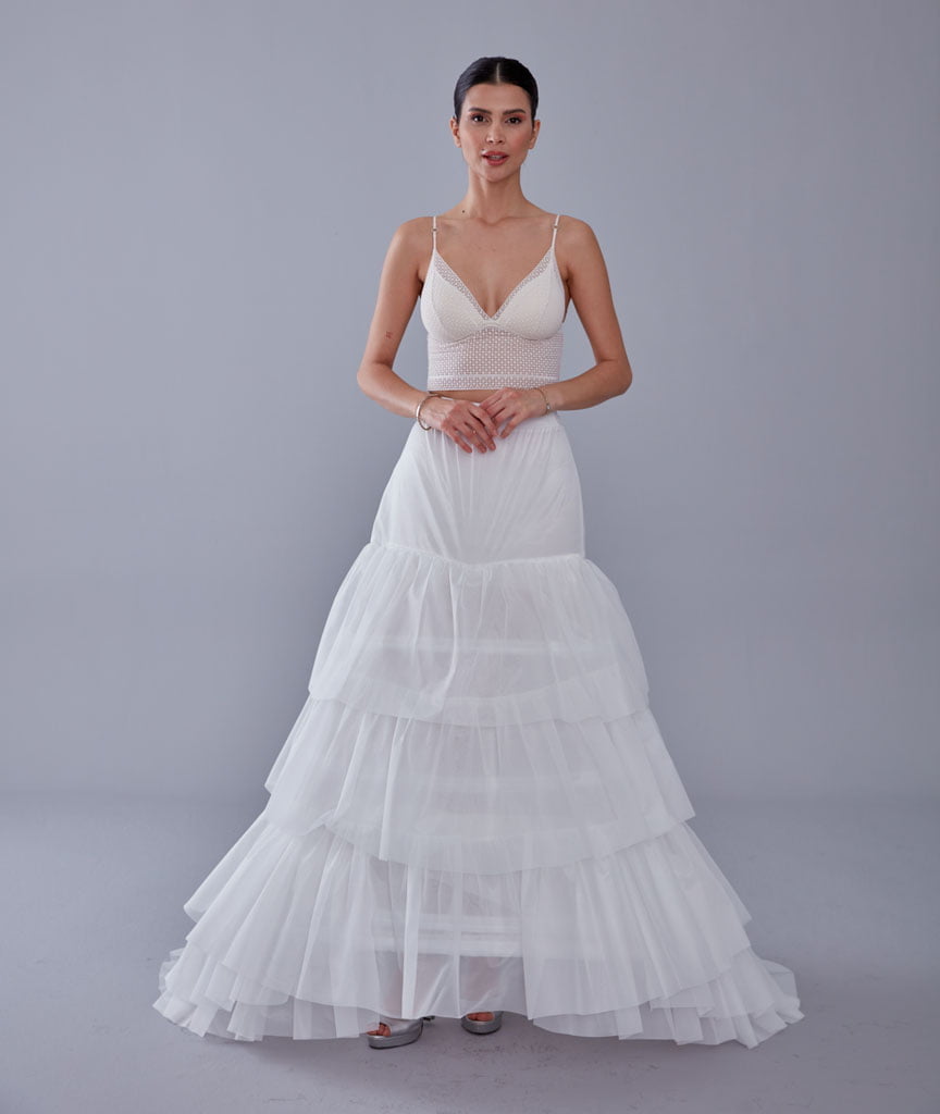 A line petticoat with train, Tiered Tulle Underskirt for Bridal Dress, Chapel Train Slip, White Crinoline 4 Hoop