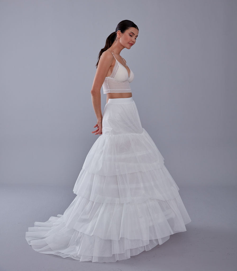 A line petticoat with train, Tiered Tulle Underskirt for Bridal Dress, Chapel Train Slip, White Crinoline 4 Hoop