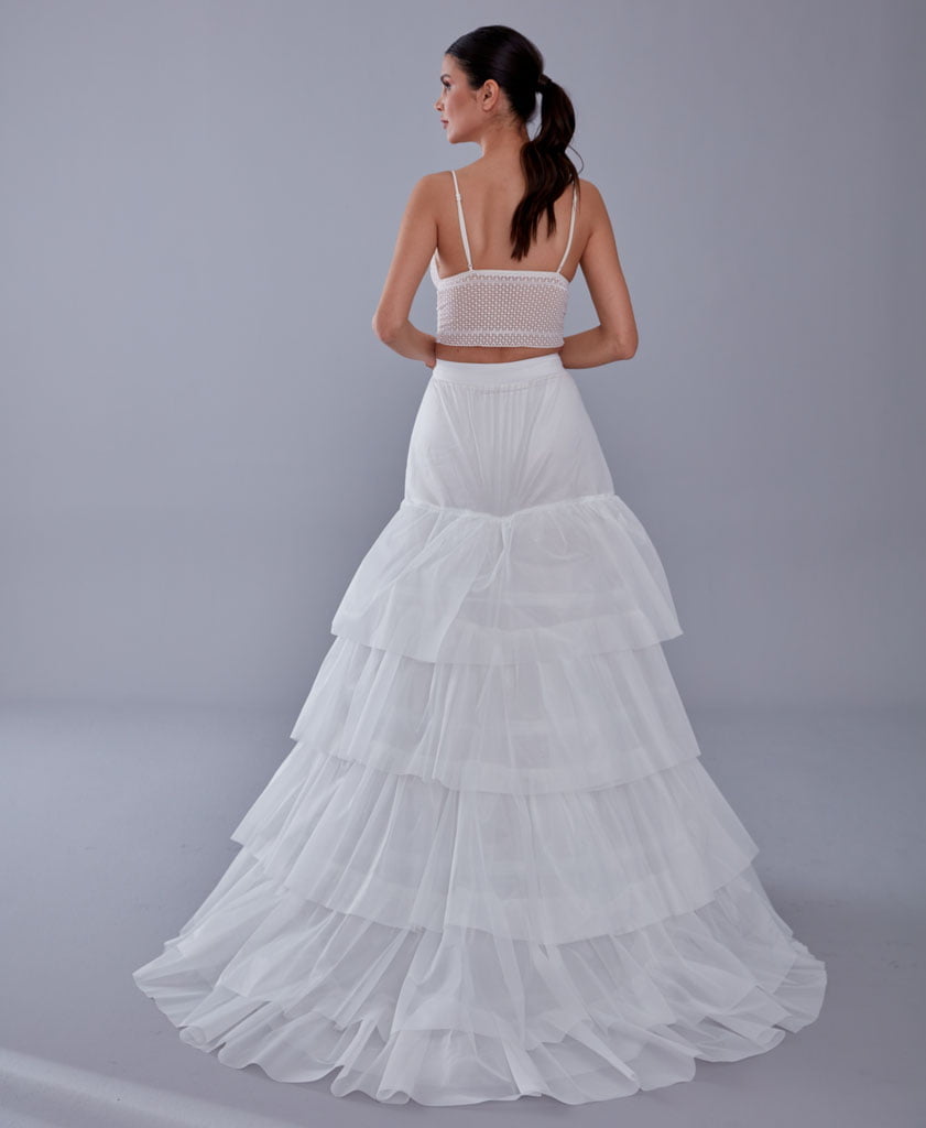 A line petticoat with train, Tiered Tulle Underskirt for Bridal Dress, Chapel Train Slip, White Crinoline 4 Hoop