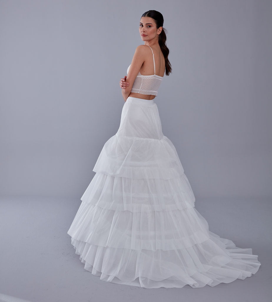 A line petticoat with train, Tiered Tulle Underskirt for Bridal Dress, Chapel Train Slip, White Crinoline 4 Hoop