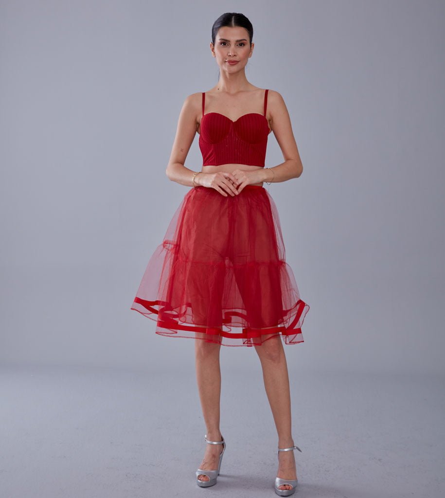 Red Voile Short Petticoat Skirt with Elastic Band - Perfect for Parties