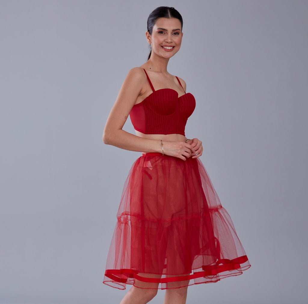 Red Voile Short Petticoat Skirt with Elastic Band - Perfect for Parties