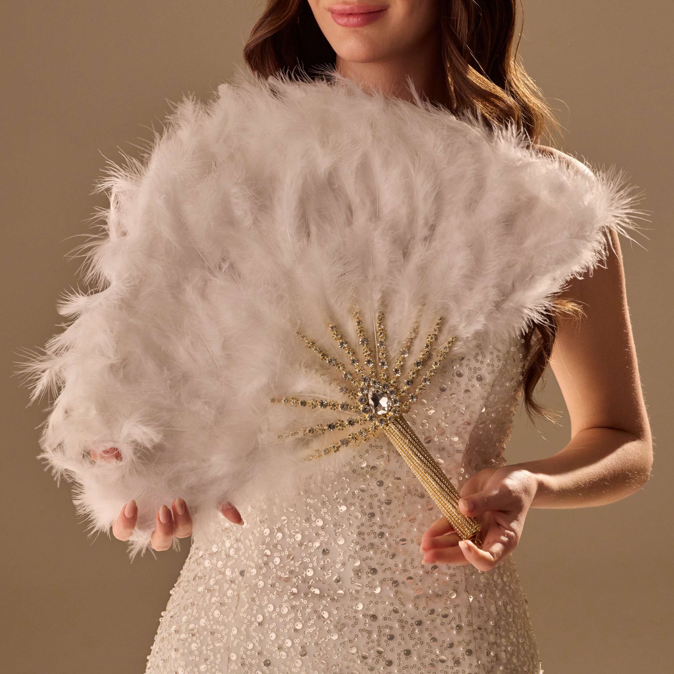 Elegant Feather Fan – Handcrafted Gold & Rhinestone Trim, Unique Luxury Fan