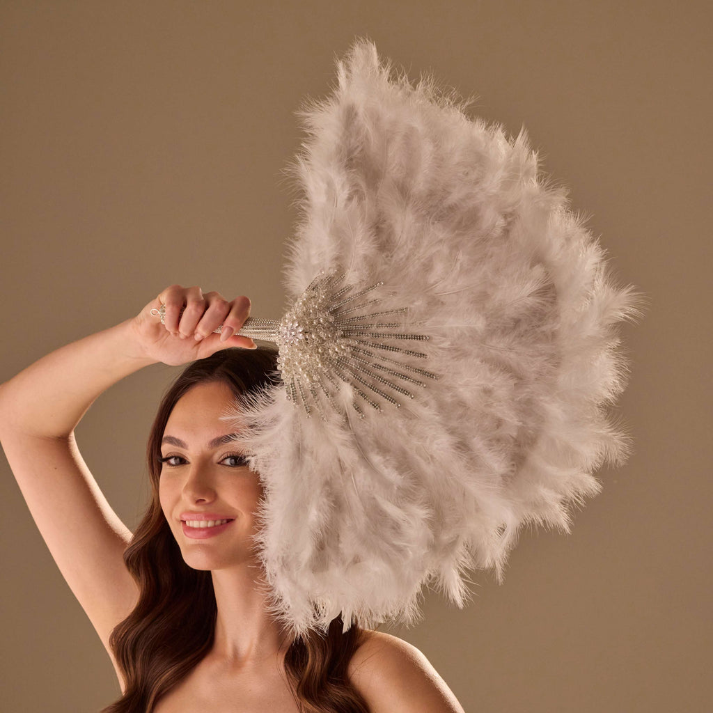 Luxury Feather Fan – Handcrafted with Silver & Pearl Trim, Elegant Unique Fan