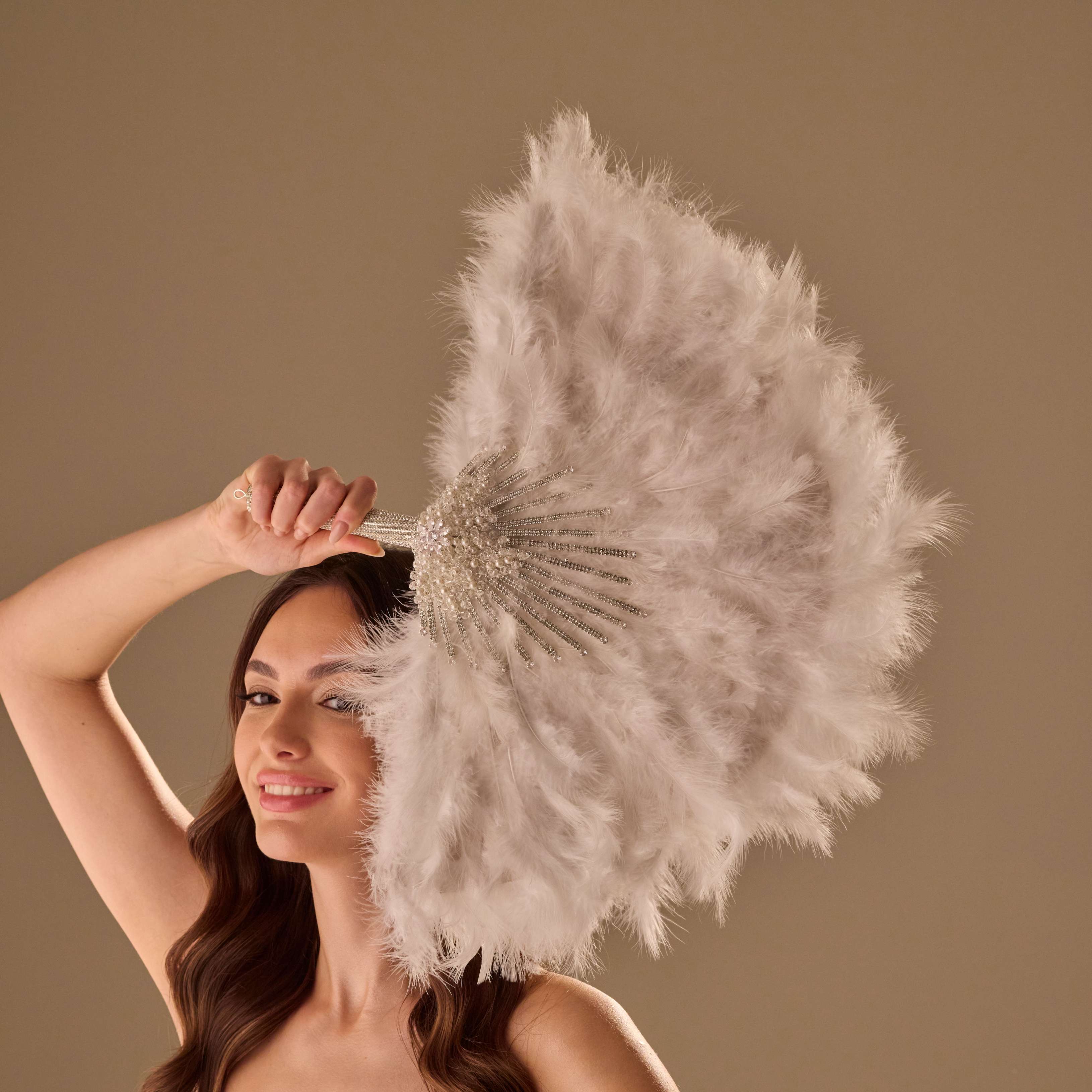 Luxury Feather Fan – Handcrafted with Silver & Pearl Trim, Elegant Unique Fan
