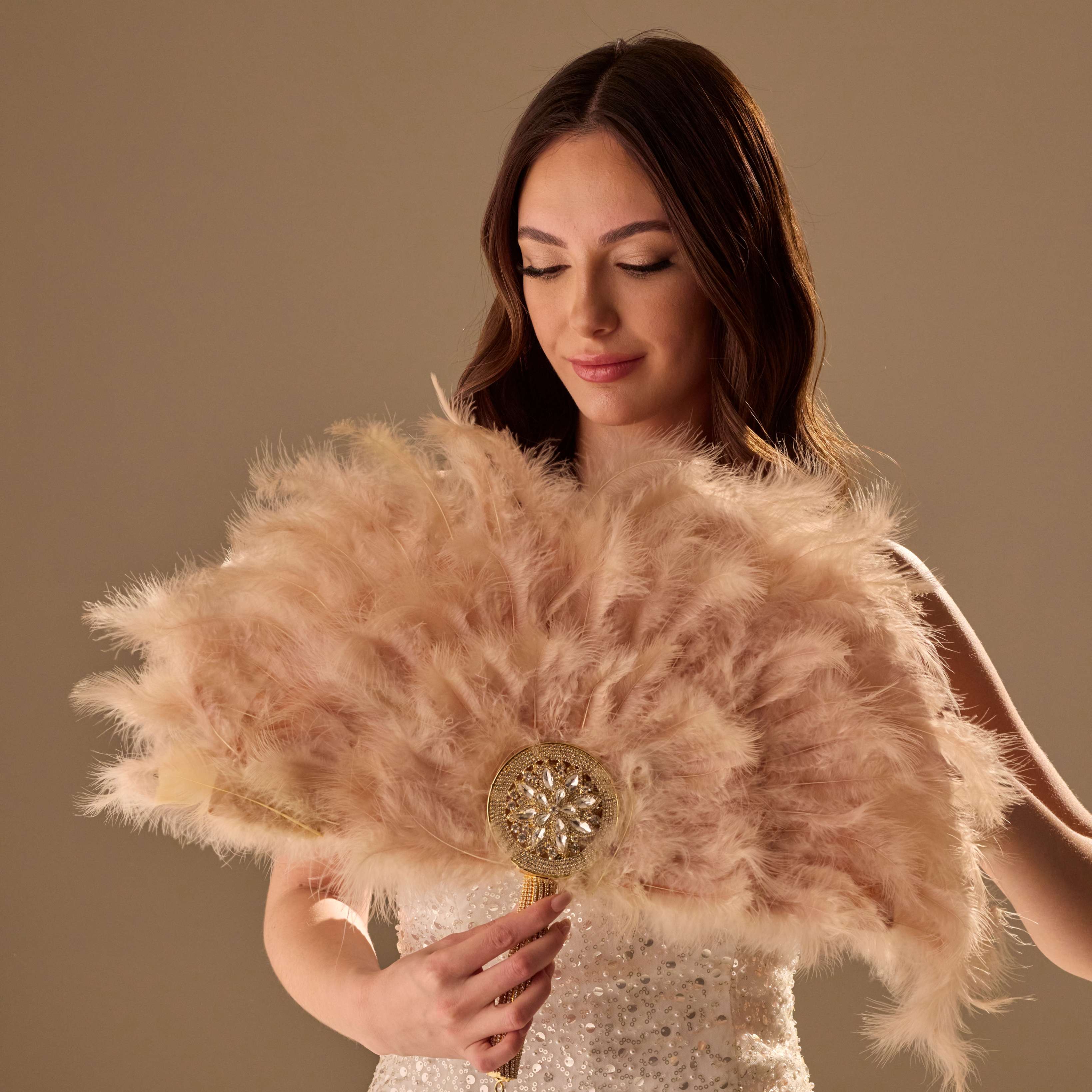 Luxury Feather Fan – Handcrafted with Gold & Rhinestone Trim, Elegant Unique Fan